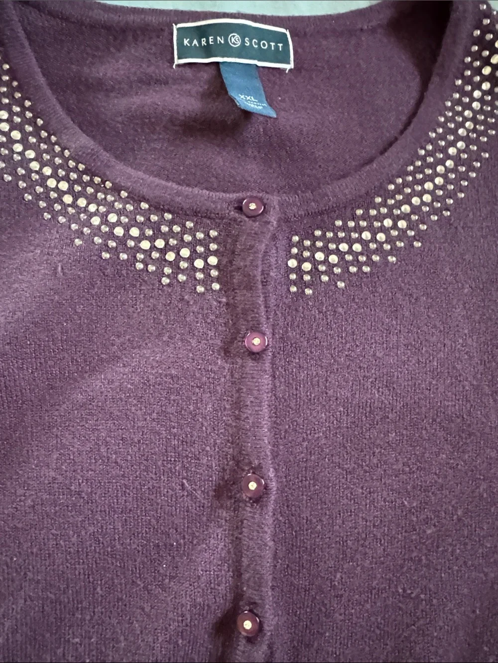 Karen Scott Plum Beaded Neckline Button-Front Cardigan - Picture 3 of 4